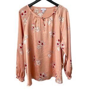 Liz Claiborne Blouse Plus Size 1X Floral Long Sleeve Keyhole Neck Peach Bohemian